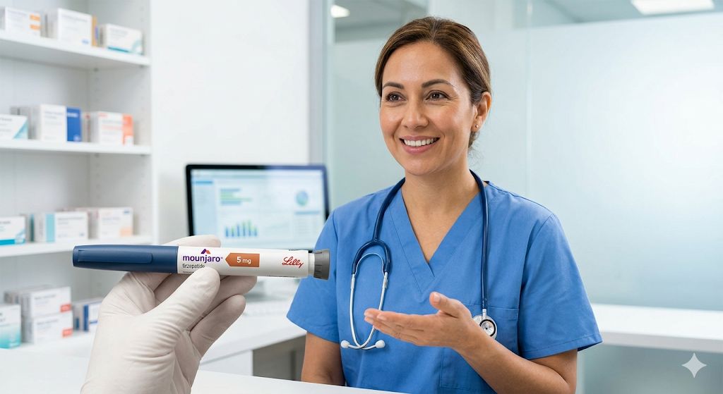 Confezione di Mounjaro 5 mg KwikPen su un banco da farmacia